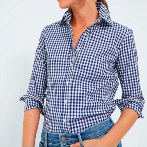 UNTUCKit Women's Belleza Button Up Long Sleeve Blue Gingham Shirt Navy White - Picture 1 of 13